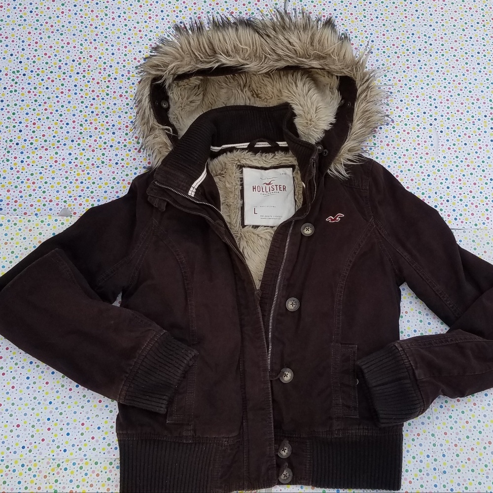 Hollister Brown Coat Faux Fur Hood L